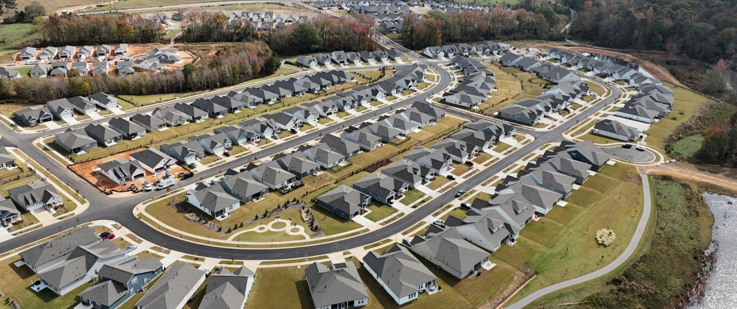 Aerial view of the Carolina Overlook neighborhood in Clayton, NC, highlighting homes serviced by Realm Inspections for detailed property inspections.